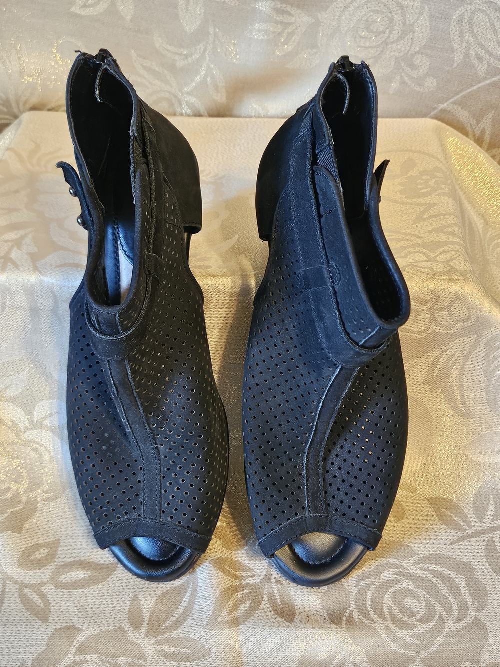Earth Women’s Black Peep-Toe Perforated Ankle Booties